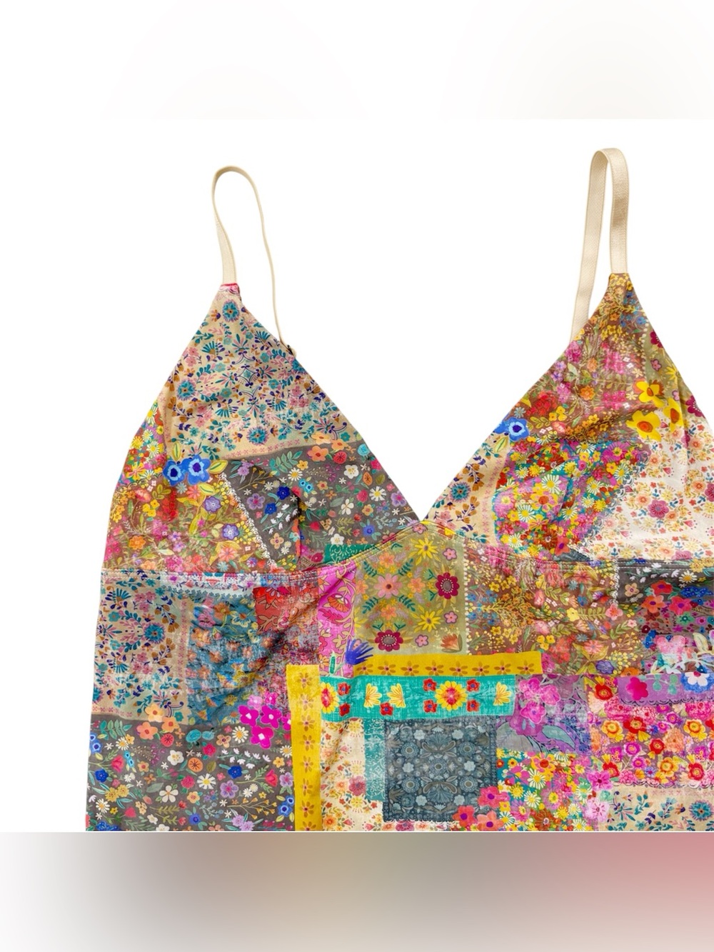 Natural Life Deep V-Neck Cami Patchwork Floral Hippie Large
